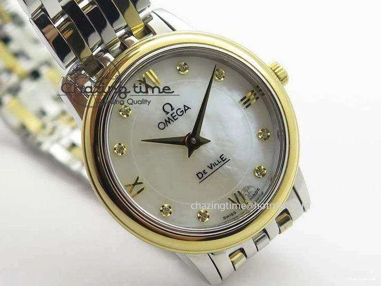 0315 OnTrend De Ville 27mm SS YG Ladies MK 1:1 Best Edition White MOP Dial Diamond Markers On SS Bracelet Ronda Quartz 8187